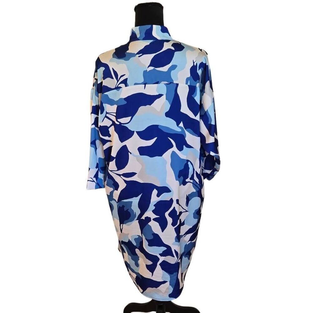 Ming Wang Womens Floral Print Crepe de Chine Shift Dress Blue White Large - Picture 6 of 11